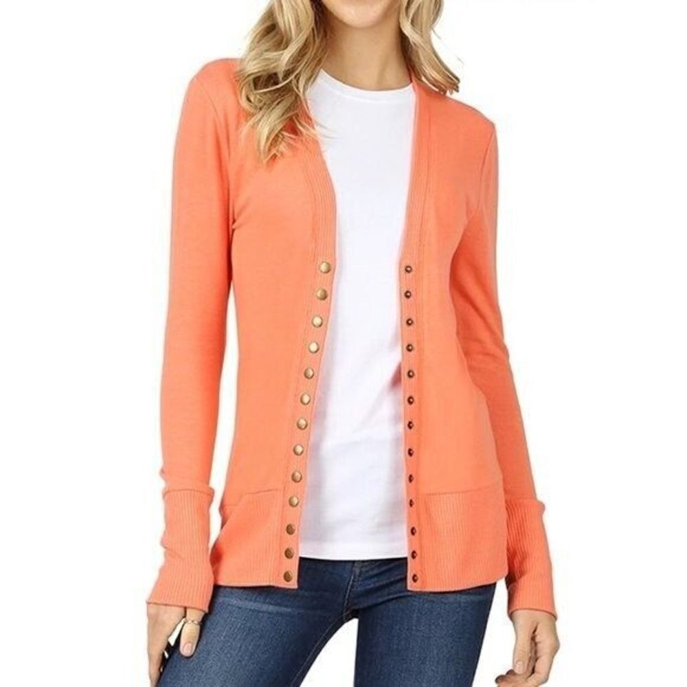 Zenana Outfitters Light Orange V-Neck Button Down Cardigan Sweater XL